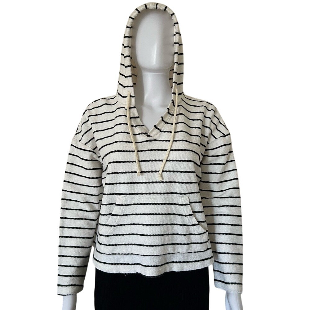 Paper Crane Anthropologie Beige and Black Cotton Pullover Striped Hoodie Small